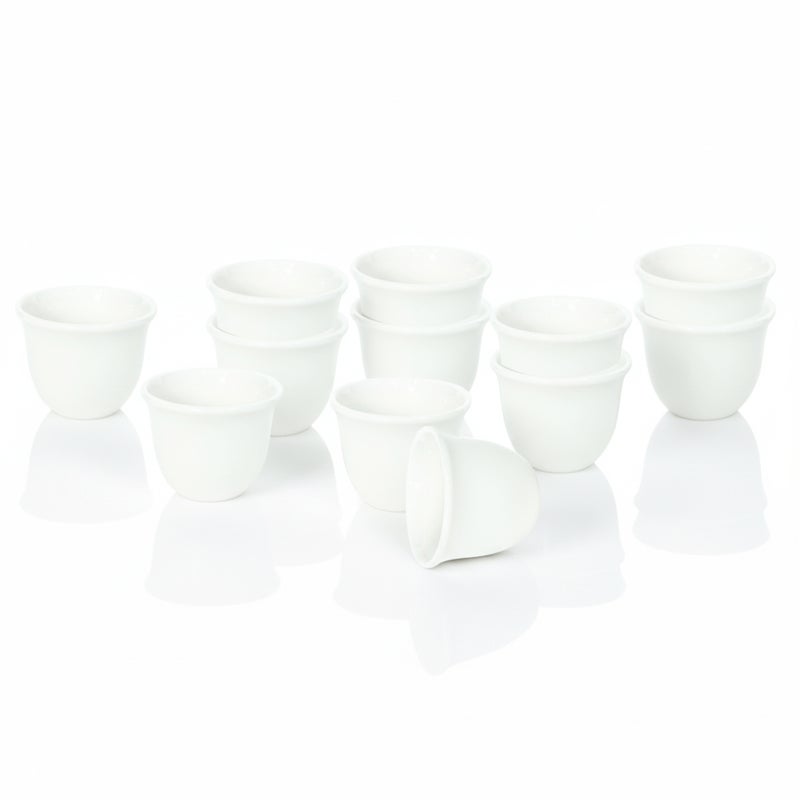 Shallow CAWA White Porcelain & Bone China Cups Set  12 PCS, 90ml Arabic Coffee & Espresso Cups | Minimalist White Gahwa Cups for Daily Use, Ramadan, Eid, Diwali, Coffee Station&Gifting - Image 1