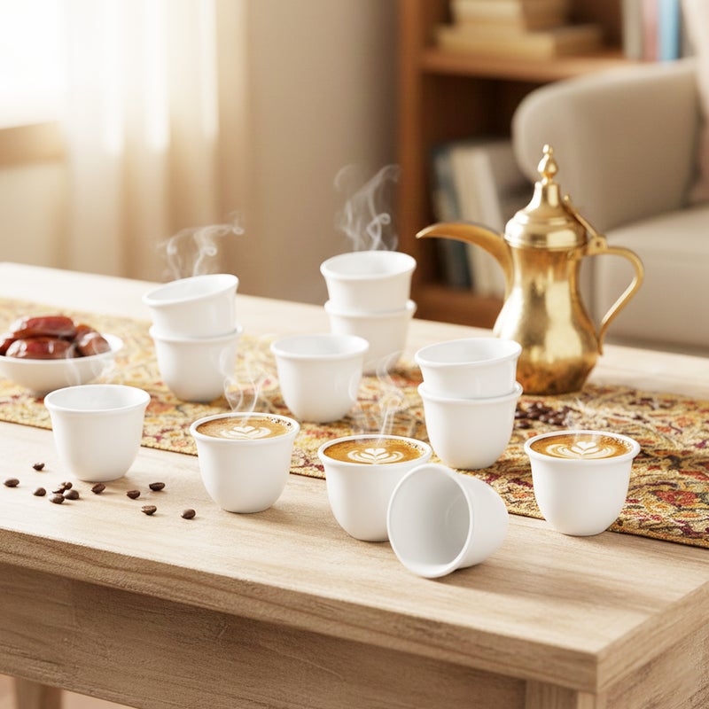 Shallow CAWA White Porcelain & Bone China Cups Set  12 PCS, 90ml Arabic Coffee & Espresso Cups | Minimalist White Gahwa Cups for Daily Use, Ramadan, Eid, Diwali, Coffee Station&Gifting - Image 2