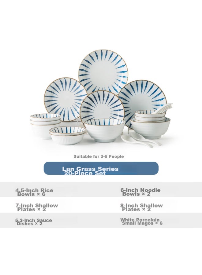 Ijarl Style Tableware Set, Ceramic Bowls And Plates Set, High-temperature Porcelain, Gift-giving, Underglaze Color, Blue Grass 20-piece Set - Image 4