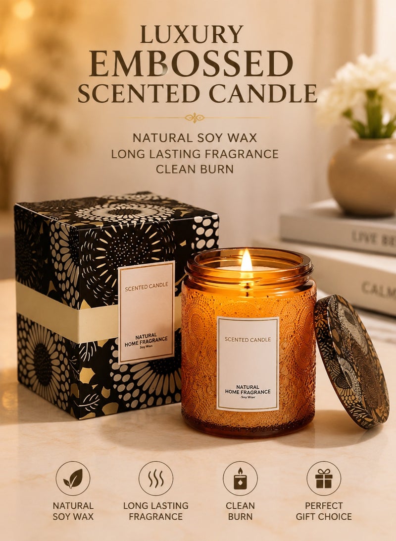 Golden Luxury Embossed Scented Candle Natural Soy Wax Aromatherapy Candle Long Lasting Fragrance Clean Burn Decorative Candle for Home Décor Relaxation Gift for Women Men Eid Birthday - Image 1
