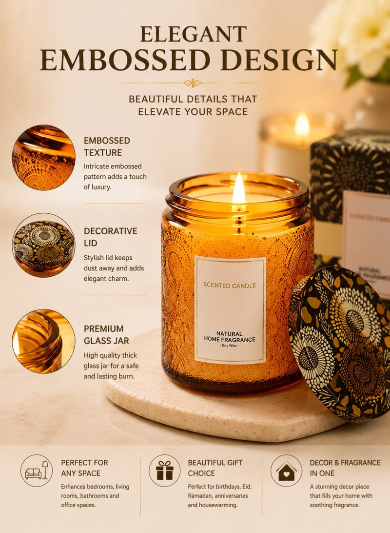Golden Luxury Embossed Scented Candle Natural Soy Wax Aromatherapy Candle Long Lasting Fragrance Clean Burn Decorative Candle for Home Décor Relaxation Gift for Women Men Eid Birthday - Image 3