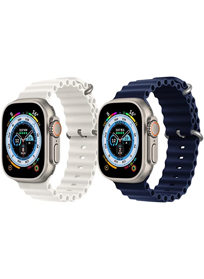 IAF Silicone Ocean Band Strap for Apple Watch Ultra 8 49mm White Single Color Strap with Navy Blue Single Color Strap Set of 2