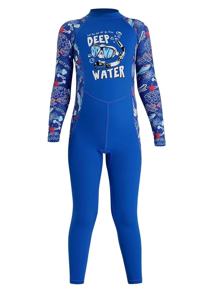 DIVE & SAIL Kids One Piece Long/Short Sleeve Swimsuit Sun Protection Sunsuit (Bue-2, XX-Large) - Image 1