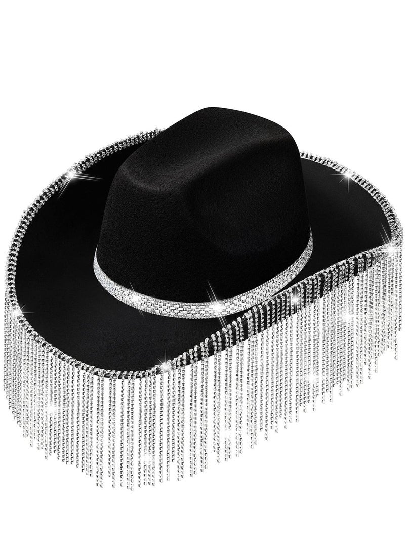 Excefore Rhinestone Cowgirl Hat Bling Diamond Fringe Cowboy Western Glitter for Men Women Cosplay Party Costume - Image 1