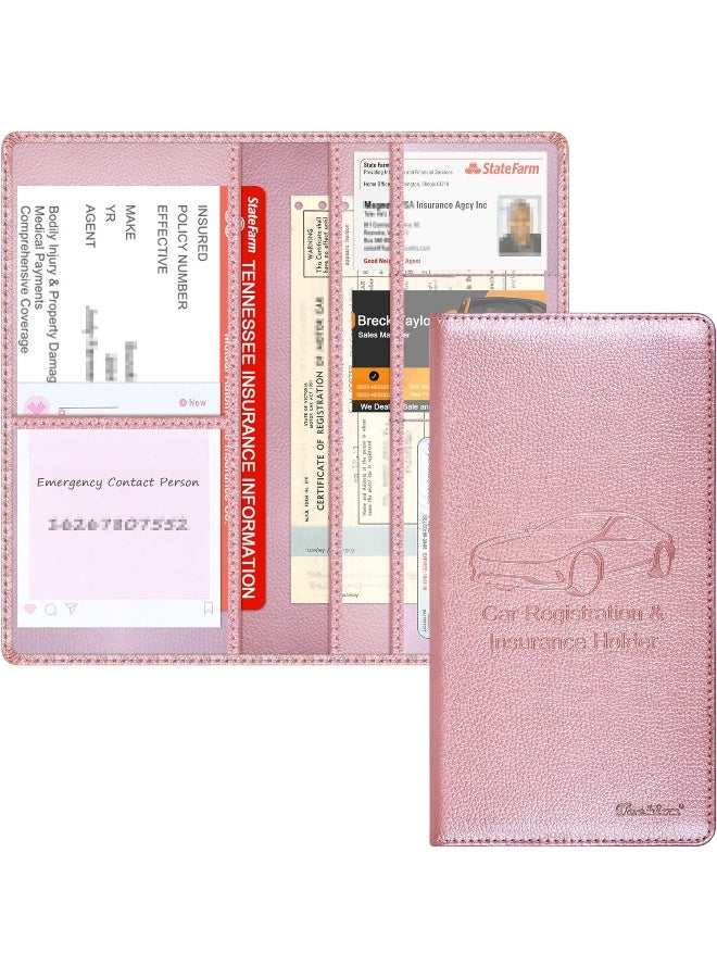 Techion Car Insurance and Registration Holder, 9.5 x 5 Inch PU Leather Vehicle Glove Box Organizer Wallet Case for Insurance Card, Driver License, Paperwork - Rose Gold - Image 1