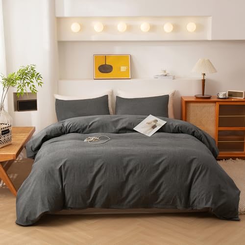 ECOCOTT Grey Duvet Cover Queen Size, 100% Washed Cotton 1 Duvet Cover with Zipper and 2 Pillowcases, Ultra Soft and Easy Care Breathable Cozy Simple Style Bedding Set(Dark Grey) - Image 1