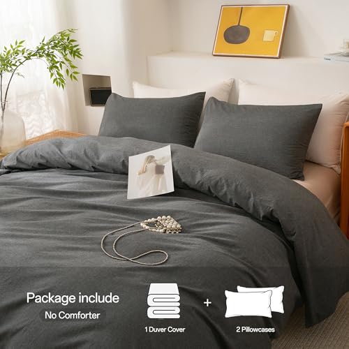 ECOCOTT Grey Duvet Cover Queen Size, 100% Washed Cotton 1 Duvet Cover with Zipper and 2 Pillowcases, Ultra Soft and Easy Care Breathable Cozy Simple Style Bedding Set(Dark Grey) - Image 2
