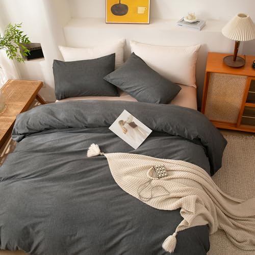 ECOCOTT Grey Duvet Cover Queen Size, 100% Washed Cotton 1 Duvet Cover with Zipper and 2 Pillowcases, Ultra Soft and Easy Care Breathable Cozy Simple Style Bedding Set(Dark Grey) - Image 3