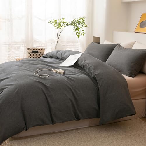 ECOCOTT Grey Duvet Cover Queen Size, 100% Washed Cotton 1 Duvet Cover with Zipper and 2 Pillowcases, Ultra Soft and Easy Care Breathable Cozy Simple Style Bedding Set(Dark Grey) - Image 5