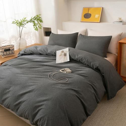 ECOCOTT Grey Duvet Cover Queen Size, 100% Washed Cotton 1 Duvet Cover with Zipper and 2 Pillowcases, Ultra Soft and Easy Care Breathable Cozy Simple Style Bedding Set(Dark Grey) - Image 4