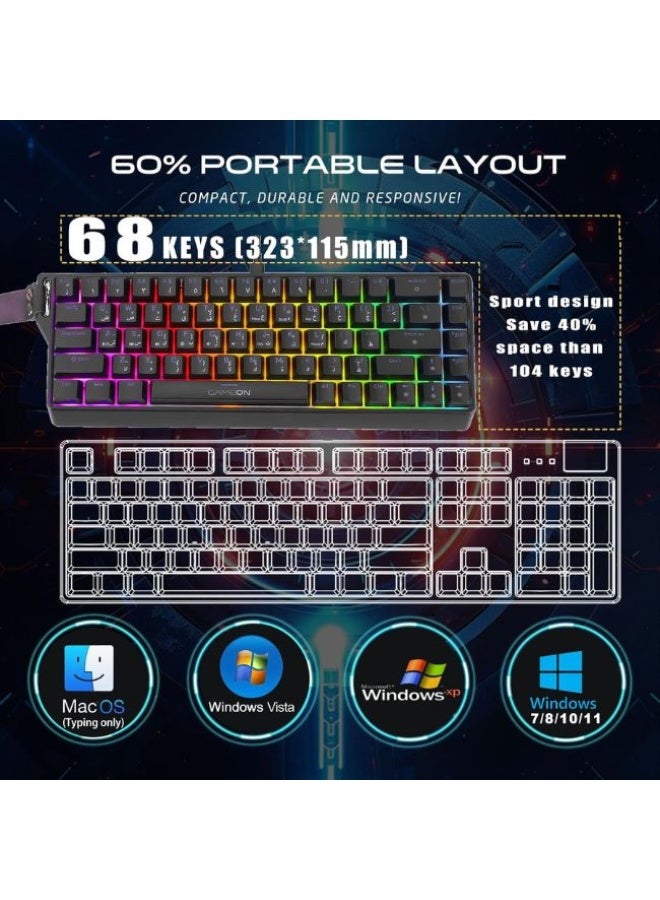 جايم أون لوحة مفاتيح الألعاب الميكانيكية السلكية AEROX Series GOMG1K8-RS RGB بنسبة 60%، تصميم مدمج بـ 61 مفتاح، مفتاح أحمر (خطّي)، كابل Type C، 17 وضع إضاءة قوس قزح، تخطيط إنجليزي/عربي، توصيل وتشغيل USB - Image 4