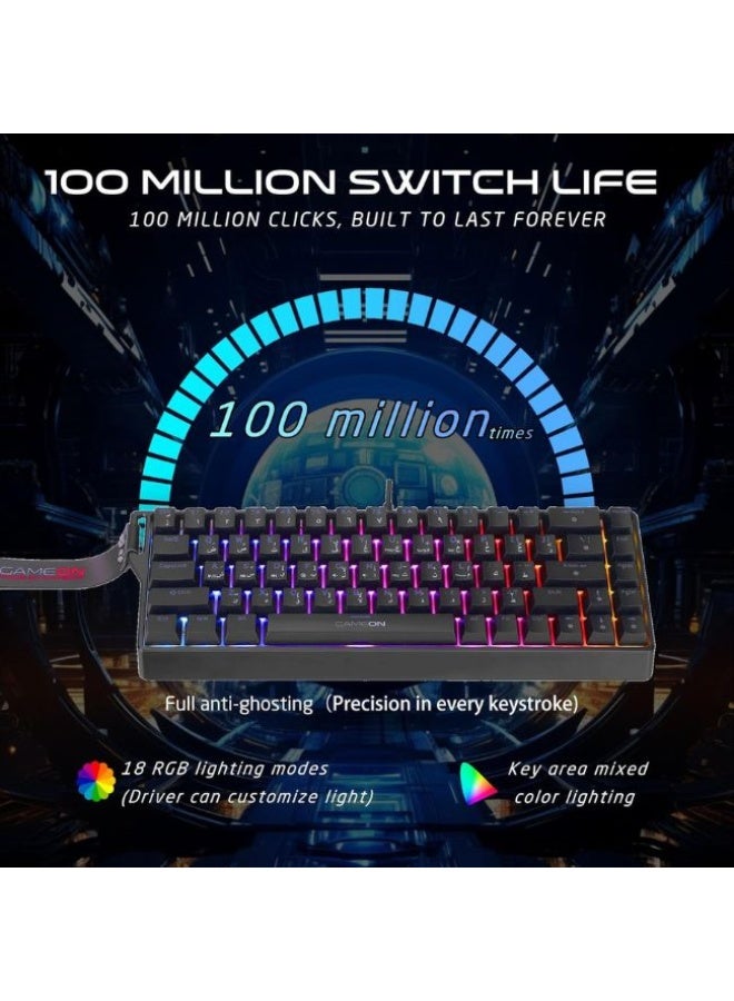 جايم أون لوحة مفاتيح الألعاب الميكانيكية السلكية AEROX Series GOMG1K8-RS RGB بنسبة 60%، تصميم مدمج بـ 61 مفتاح، مفتاح أحمر (خطّي)، كابل Type C، 17 وضع إضاءة قوس قزح، تخطيط إنجليزي/عربي، توصيل وتشغيل USB - Image 3