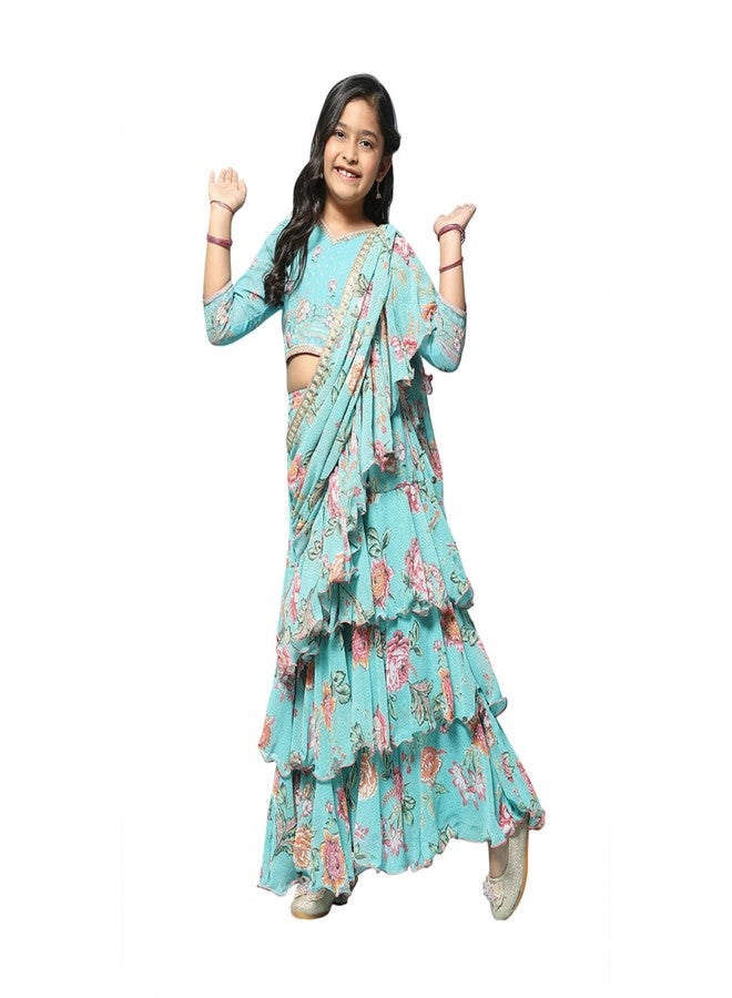 BIBA Polyester Girls Printed Short Kurta Suit Sets Kid(Kw5447_Turquoise_5) - Image 1