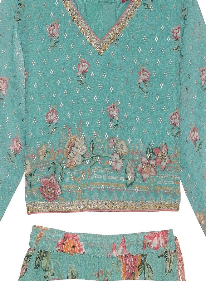 BIBA Polyester Girls Printed Short Kurta Suit Sets Kid(Kw5447_Turquoise_5) - Image 4