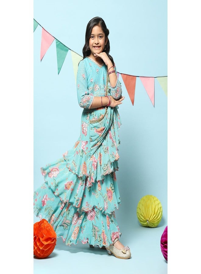BIBA Polyester Girls Printed Short Kurta Suit Sets Kid(Kw5447_Turquoise_5) - Image 3
