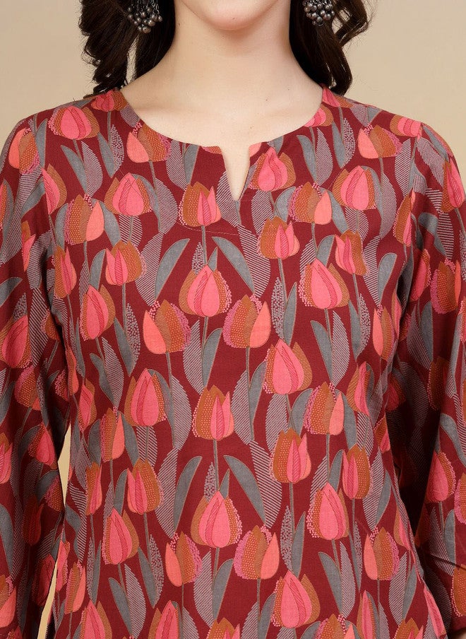 COTLAND FASHION تونيك دائري العنق مطبوع من قطن نقي مع بنطلون بالازو من كوتلاند فاشن - Image 2