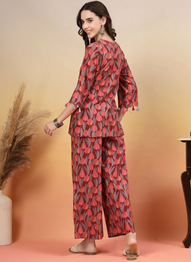 COTLAND FASHION تونيك دائري العنق مطبوع من قطن نقي مع بنطلون بالازو من كوتلاند فاشن - Image 5