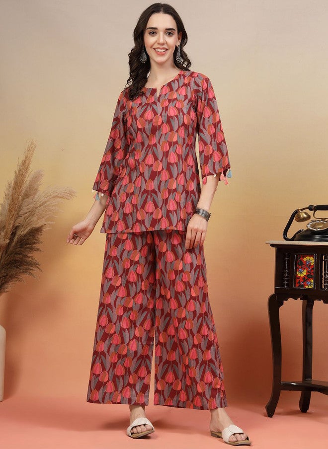COTLAND FASHION تونيك دائري العنق مطبوع من قطن نقي مع بنطلون بالازو من كوتلاند فاشن - Image 1
