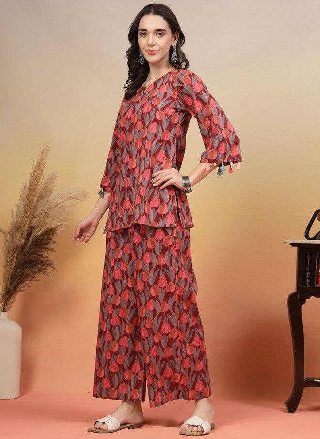 COTLAND FASHION تونيك دائري العنق مطبوع من قطن نقي مع بنطلون بالازو من كوتلاند فاشن - Image 4