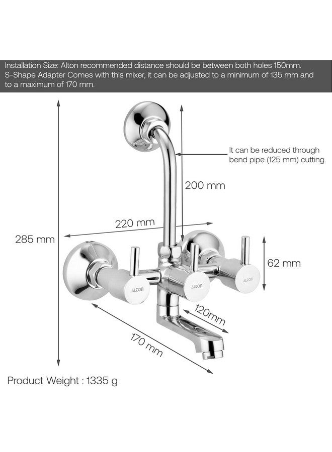 ALTON GRCL3910 Brass Wall Mixer with Provision for Over Head Shower and 190mm Long Bend Pipe (Chrome) - Image 2