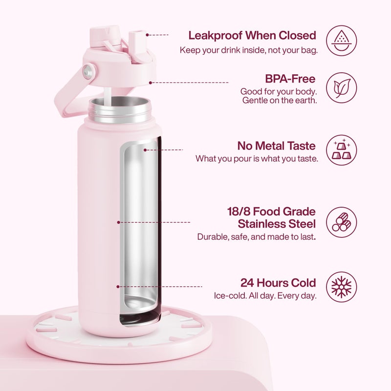 ENCOOL Insulated Water Bottle with Straw Stainless Steel Water Bottle, Leak-Proof, BPA-Free, Double Wall Vacuum Keeps Cold for 24 Hours for Sports, Travel, School (32 oz, Cotton Candy) - Image 2