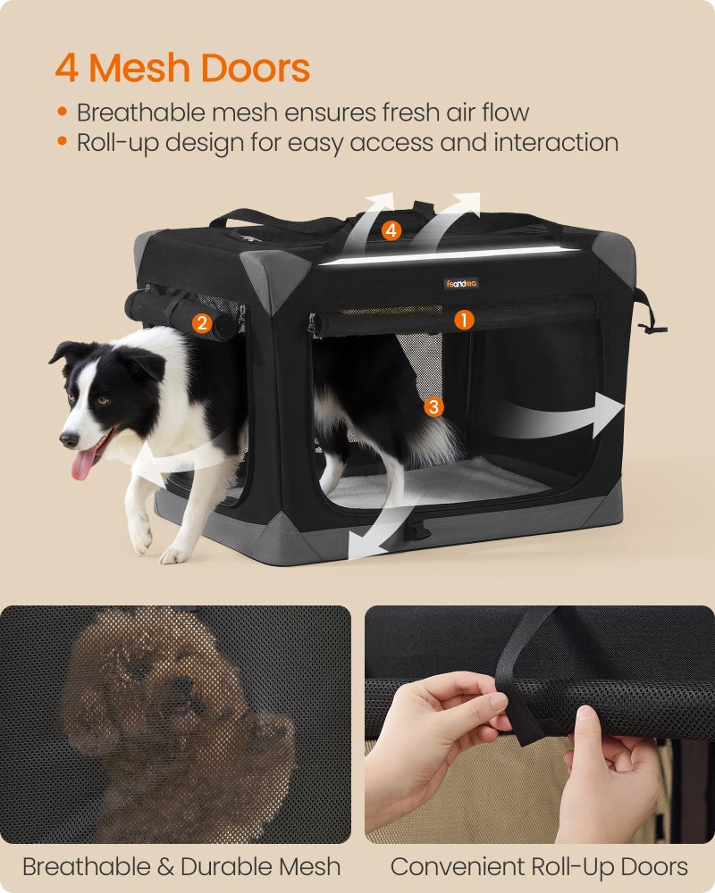 Feandrea Collapsible Dog Crate, Portable Oxford Fabric Pet Travel Crate with 4 Mesh Doors, Handles, Pocket, 30 Inches, for Medium Dogs, Ink Black and Dove Gray UPDC027BH01 - Image 4