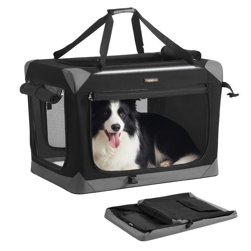Feandrea Collapsible Dog Crate, Portable Oxford Fabric Pet Travel Crate with 4 Mesh Doors, Handles, Pocket, 30 Inches, for Medium Dogs, Ink Black and Dove Gray UPDC027BH01 - Image 1