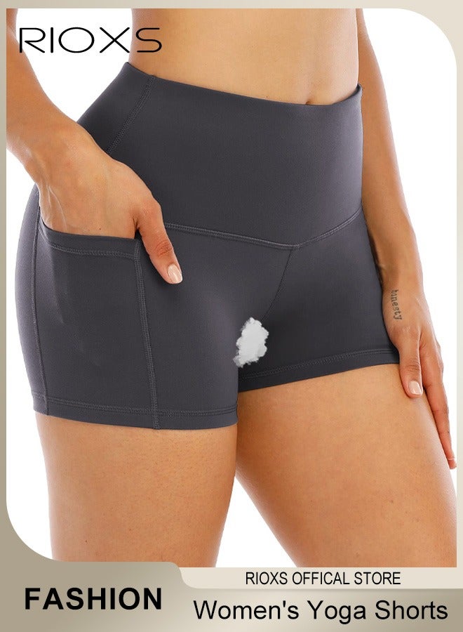 RIOXS Women's High Waisted Tummy Control Shorts Workout Yoga Pant Athletic Soft Training Shorts With Side Pockets For Phone  - Image 1