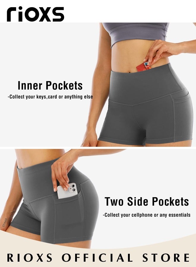 RIOXS Women's High Waisted Tummy Control Shorts Workout Yoga Pant Athletic Soft Training Shorts With Side Pockets For Phone  - Image 5