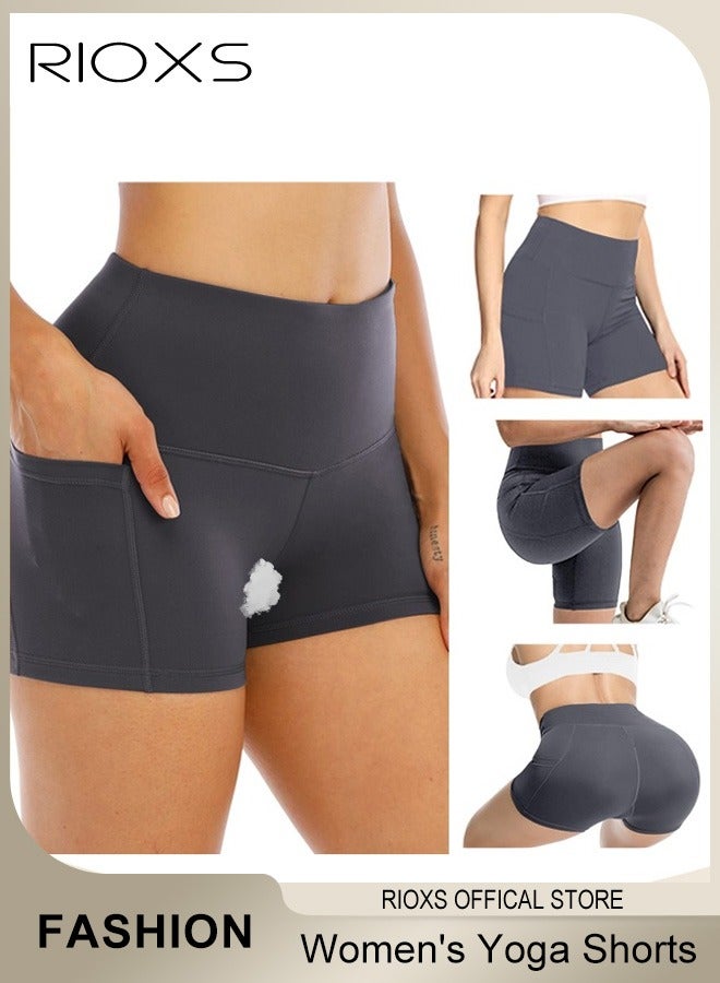 RIOXS Women's High Waisted Tummy Control Shorts Workout Yoga Pant Athletic Soft Training Shorts With Side Pockets For Phone  - Image 2