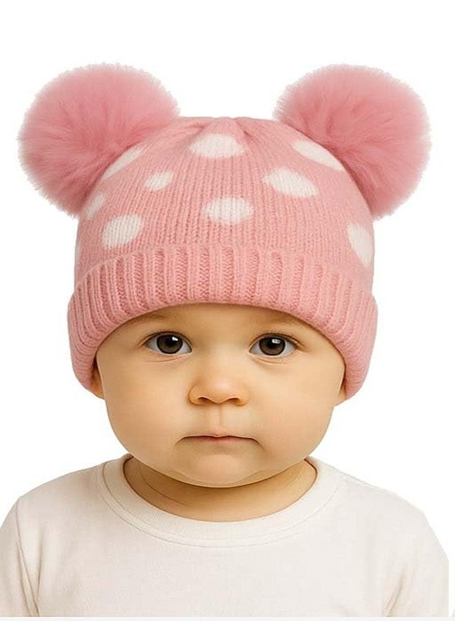 MIKONIKO Infant & Toddler Winter Beanie Hat | Knitted Woolen Cap with Pom-Pom | Warm Fur Lining Topi for Baby Boys & Girls (3-12 Months)_Pink - Image 1