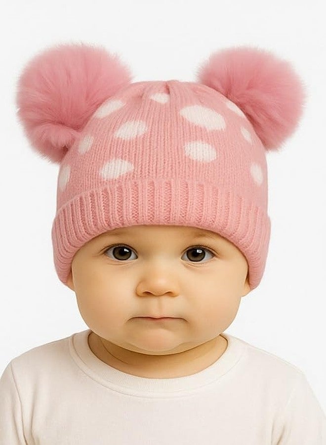 MIKONIKO Infant & Toddler Winter Beanie Hat | Knitted Woolen Cap with Pom-Pom | Warm Fur Lining Topi for Baby Boys & Girls (3-12 Months)_Pink - Image 2