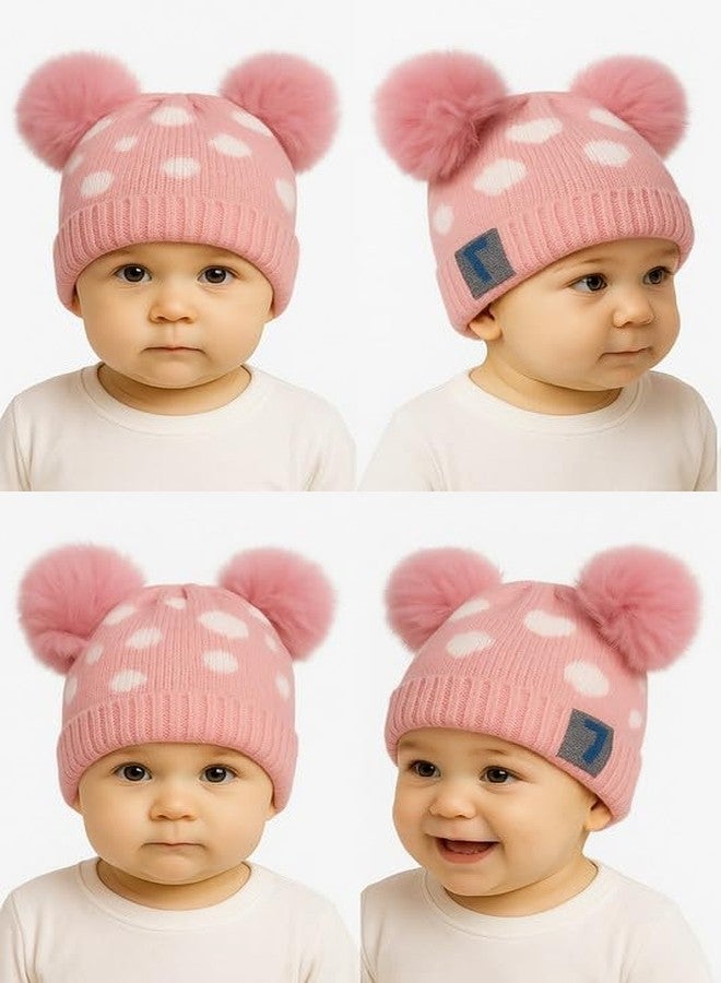 MIKONIKO Infant & Toddler Winter Beanie Hat | Knitted Woolen Cap with Pom-Pom | Warm Fur Lining Topi for Baby Boys & Girls (3-12 Months)_Pink - Image 5