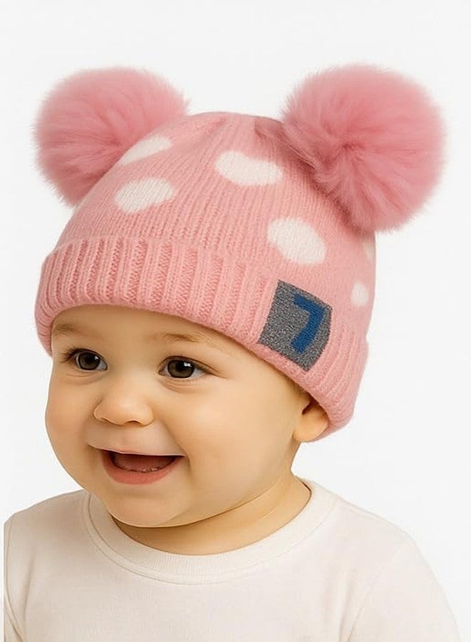 MIKONIKO Infant & Toddler Winter Beanie Hat | Knitted Woolen Cap with Pom-Pom | Warm Fur Lining Topi for Baby Boys & Girls (3-12 Months)_Pink - Image 3