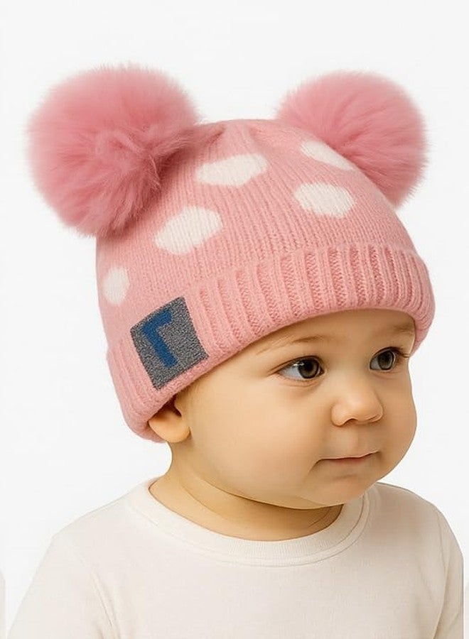 MIKONIKO Infant & Toddler Winter Beanie Hat | Knitted Woolen Cap with Pom-Pom | Warm Fur Lining Topi for Baby Boys & Girls (3-12 Months)_Pink - Image 4