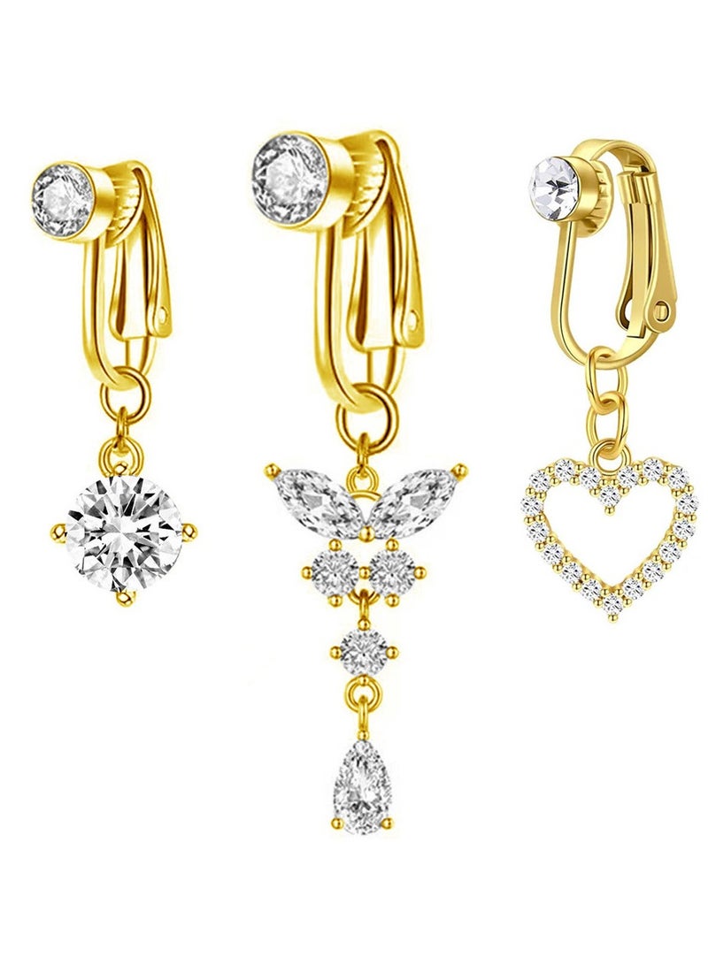 مجموعة من 3 قطع من خواتم البيللي للنساء مطلية بالذهب وبدون ثقب، بتصميم فراشة، خواتم زجاج الكريستال غير قابلة للثقب كهدايا للفتيات في الأعياد والمناسبات والسهرات. - Image 1