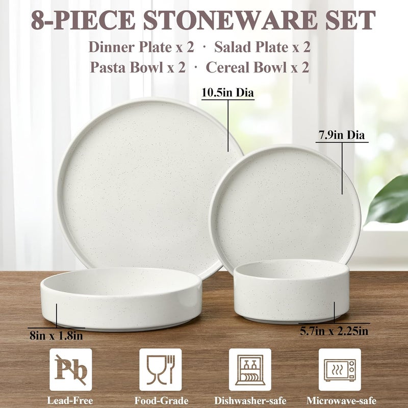 Herogo 8 Piece Dinnerware Sets with Pasta Bowls for 2 Dinner Salad Plates and Cereal Serving Bowls Stoneware Dishes Dinner Ware for Kitchen Dinning Chip  Scratch Resistant Dishware Speckled White - Image 2