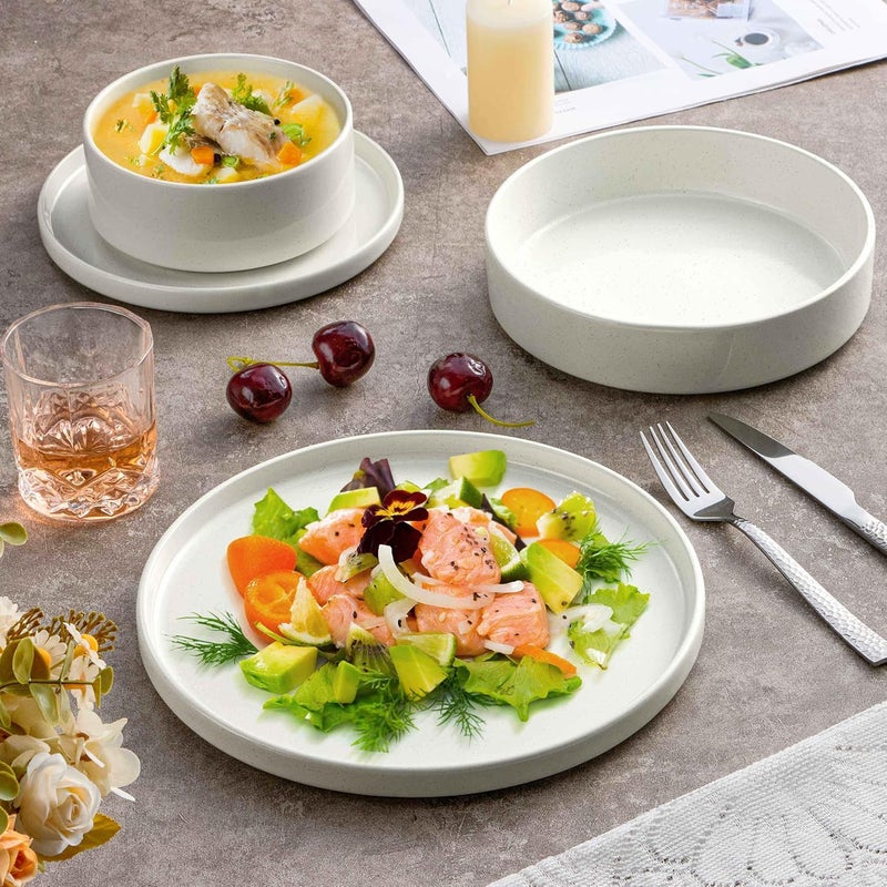 Herogo 8 Piece Dinnerware Sets with Pasta Bowls for 2 Dinner Salad Plates and Cereal Serving Bowls Stoneware Dishes Dinner Ware for Kitchen Dinning Chip  Scratch Resistant Dishware Speckled White - Image 3