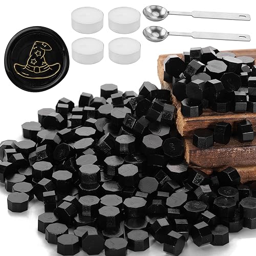 Yoption Black Sealing Wax Beads, Yoption 300 Pcs Octagon Wax Seal Beads Kit with 2 Melting Spoon and 4 Candles for Wedding Invitation Envelopes Gift Wrapping (Black) - Image 1