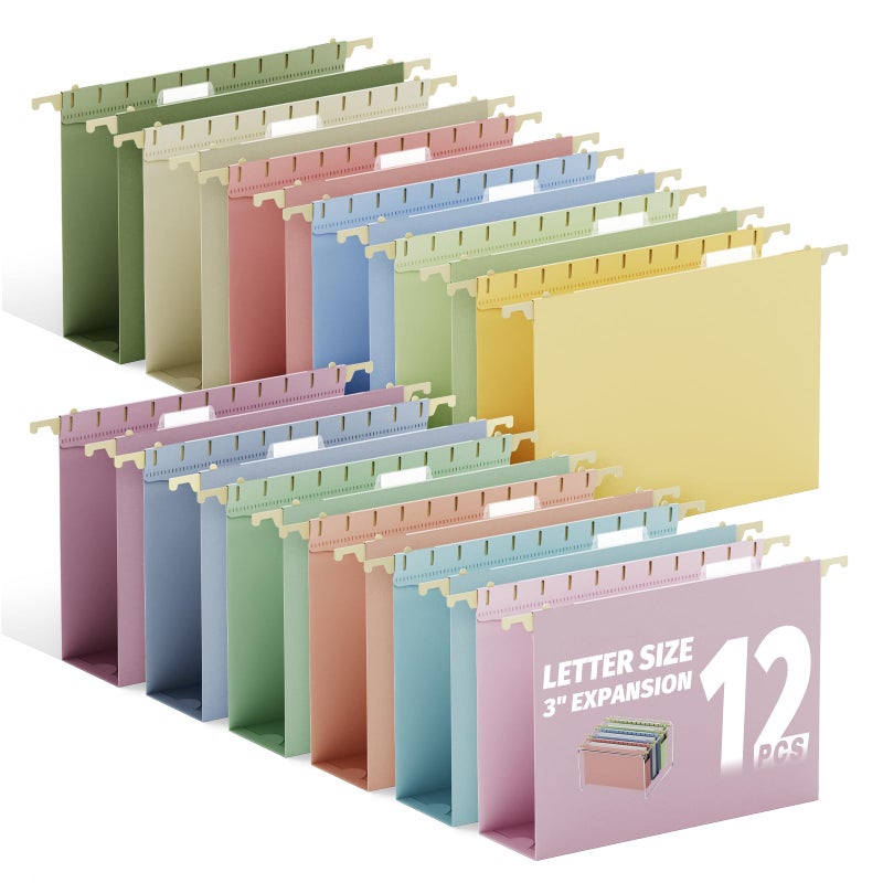 Ansook Letter Size Hanging File Folders Extra Capacity,3" Expansion Plastic Hang Folders for Filing Cabinet,Assorted Colors,12 Pack File Folders Hanging with Tabs,Office School Hanging File Organizer - Image 1