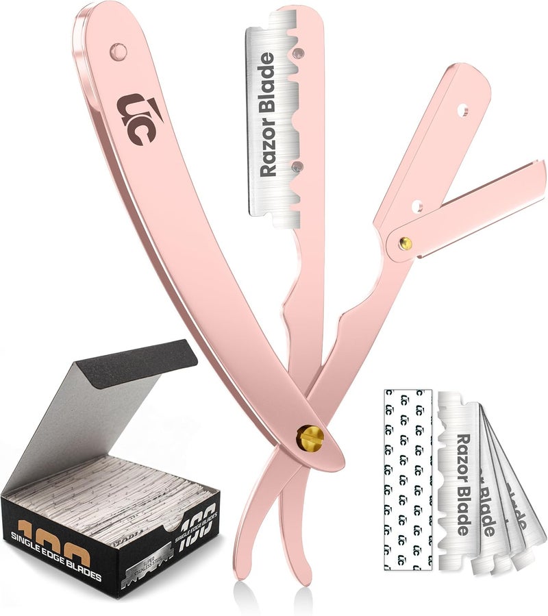 Utopia Care Professional Straight Razor for Men, Barber Straight Edge Razor Safety with 100 Pack Blades, Rose Gold - Image 1