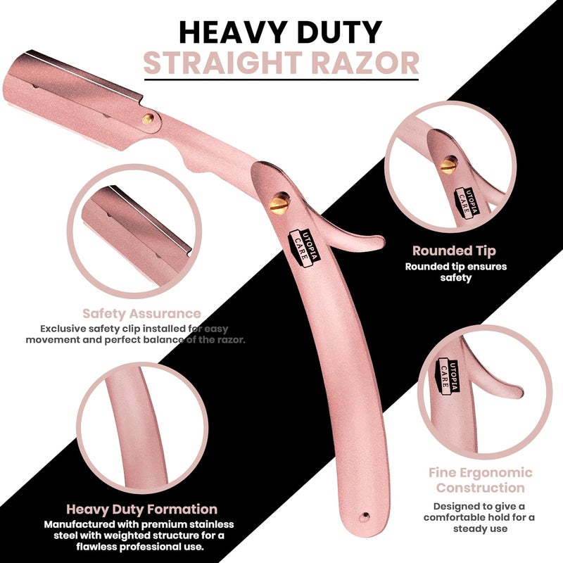 Utopia Care Professional Straight Razor for Men, Barber Straight Edge Razor Safety with 100 Pack Blades, Rose Gold - Image 3