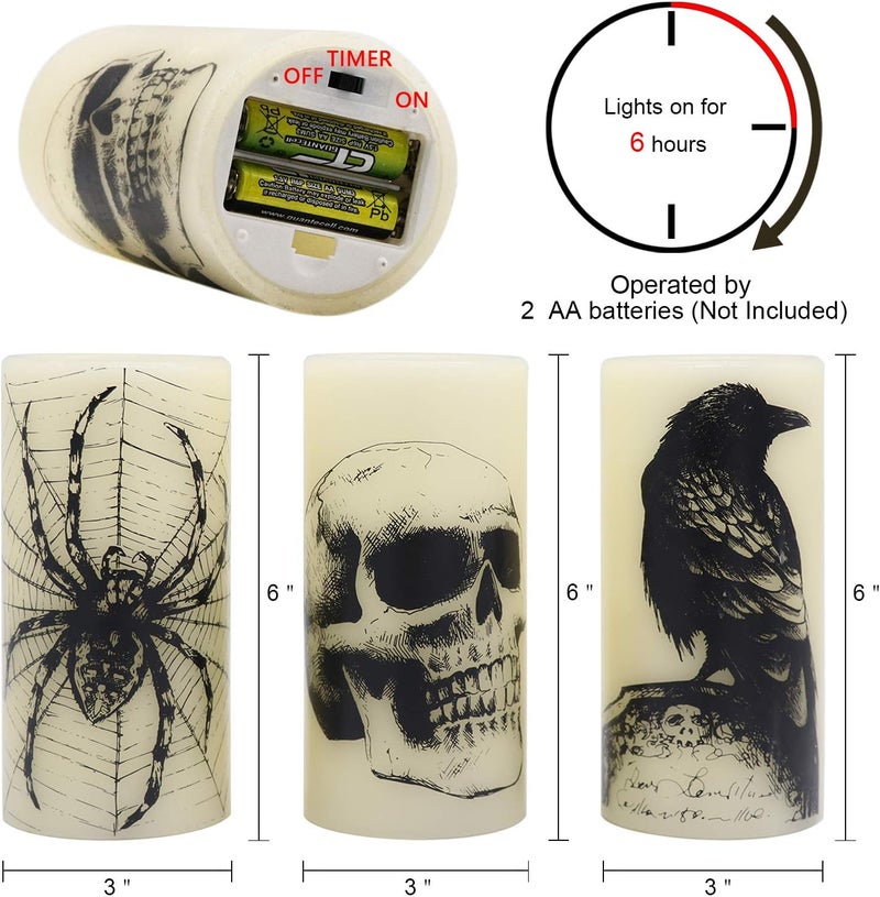 Eldnacele Halloween LED Flameless Flickering Candles Battery Operated with 6H Timer Skull Spider Web Crow Raven Spooky Decals Halloween Themed Indoor Decoration(3 Pack, D3 x H6) - Image 2
