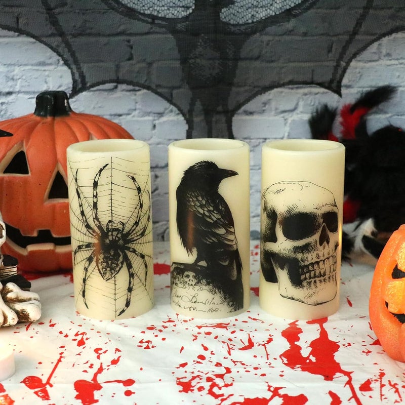 Eldnacele Halloween LED Flameless Flickering Candles Battery Operated with 6H Timer Skull Spider Web Crow Raven Spooky Decals Halloween Themed Indoor Decoration(3 Pack, D3 x H6) - Image 4
