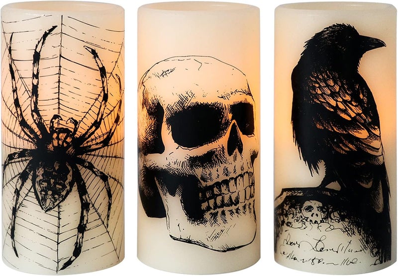 Eldnacele Halloween LED Flameless Flickering Candles Battery Operated with 6H Timer Skull Spider Web Crow Raven Spooky Decals Halloween Themed Indoor Decoration(3 Pack, D3 x H6) - Image 1