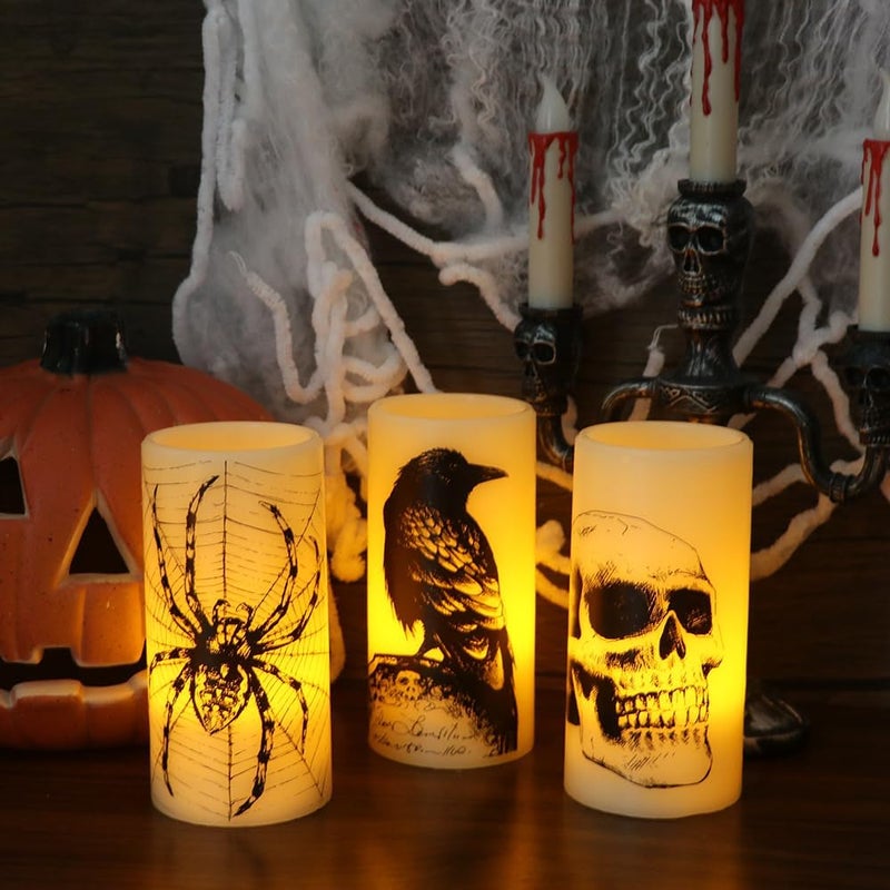 Eldnacele Halloween LED Flameless Flickering Candles Battery Operated with 6H Timer Skull Spider Web Crow Raven Spooky Decals Halloween Themed Indoor Decoration(3 Pack, D3 x H6) - Image 3