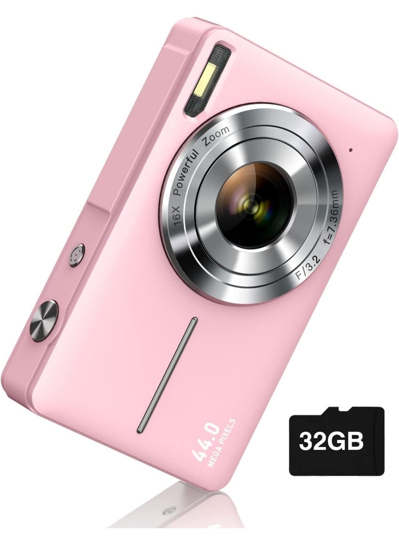 إيونتو كاميرا رقمية بدقة 1080 بكسل عالية الوضوح، كاميرا بدقة 44 ميجابكسل، كاميرا رقمية مدمجة، تقريب رقمي 16x، كاميرا سهلة الاستخدام لتصوير الفيديوهات، كاميرا رقمية مدمجة محمولة للأطفال والمراهقين وكبار السن والمبتدئين (لون وردي) - Image 1