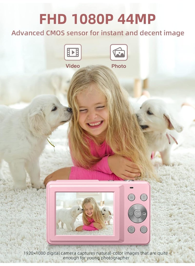 إيونتو كاميرا رقمية بدقة 1080 بكسل عالية الوضوح، كاميرا بدقة 44 ميجابكسل، كاميرا رقمية مدمجة، تقريب رقمي 16x، كاميرا سهلة الاستخدام لتصوير الفيديوهات، كاميرا رقمية مدمجة محمولة للأطفال والمراهقين وكبار السن والمبتدئين (لون وردي) - Image 2