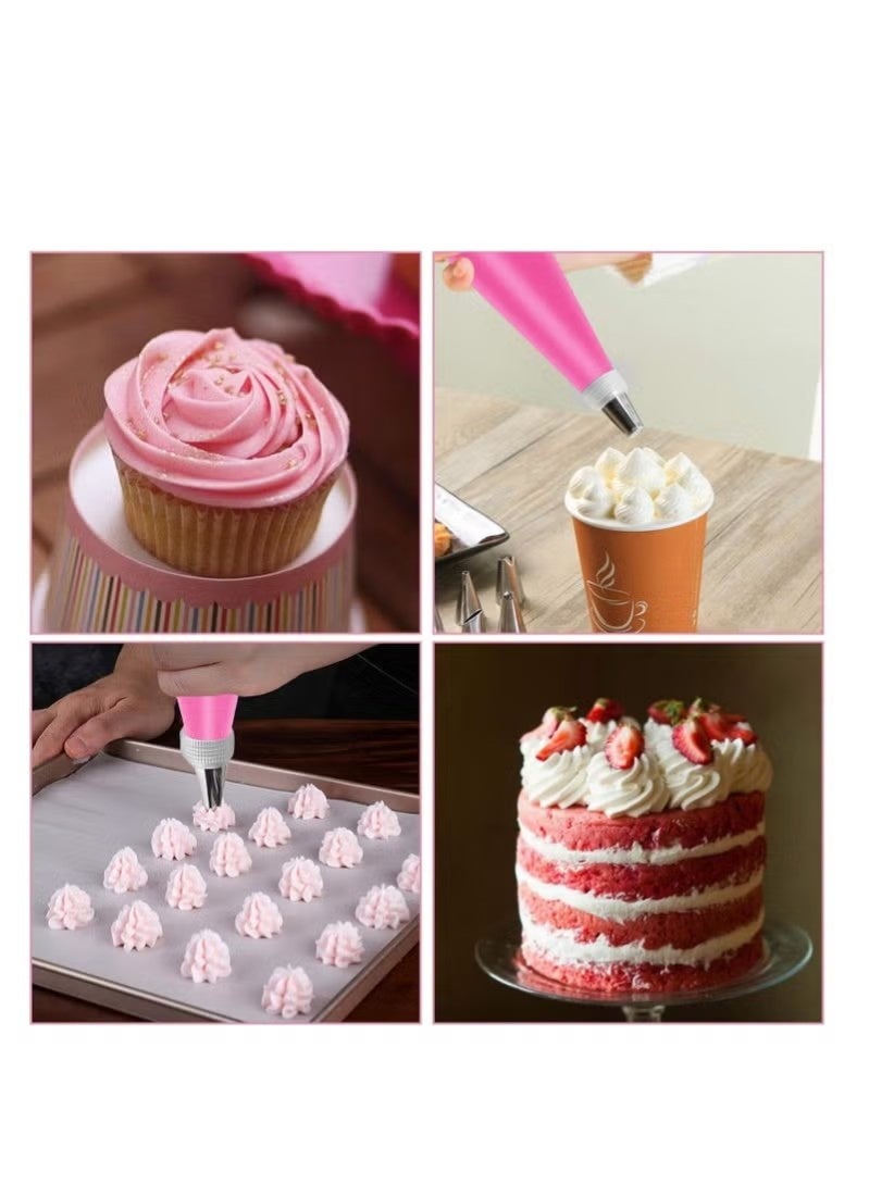 21pcs Piping Bags and Tips set,2 Reusable Silicone Pastry Bag with 14 Stainless Steel Nozzle Icing Tips Set, 3 Icing Smoother & 2 Couplers &1Sealing clip for Baking Decorating Cake Tool (Pink) - Image 5