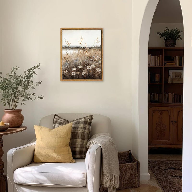 KBKBART Vintage Wall Art Framed, Retro Countryside Autumn Wildflower Field Landscape Canvas Painting Farmhouse Decor Wall Art - Image 3